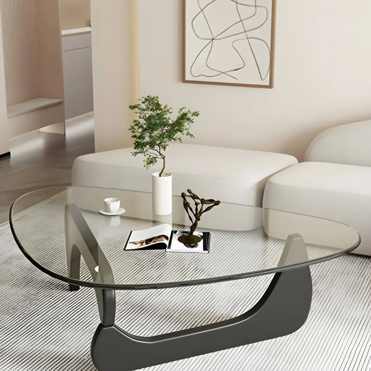 Triangle Glass Wooden Abstract Base Coffee Table Image - 3