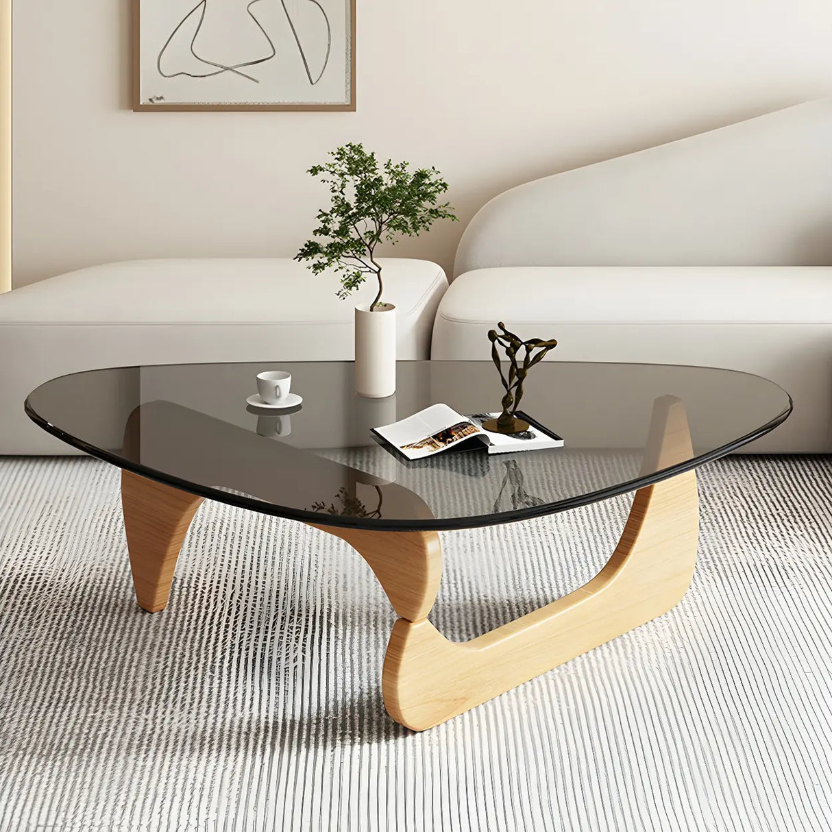 Triangle Glass Wooden Abstract Base Coffee Table Image - 4