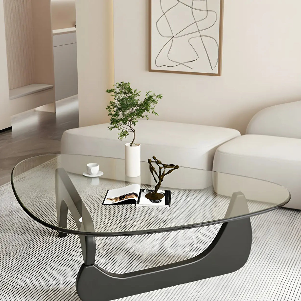 Triangle Glass Wooden Abstract Base Coffee Table Image - 7