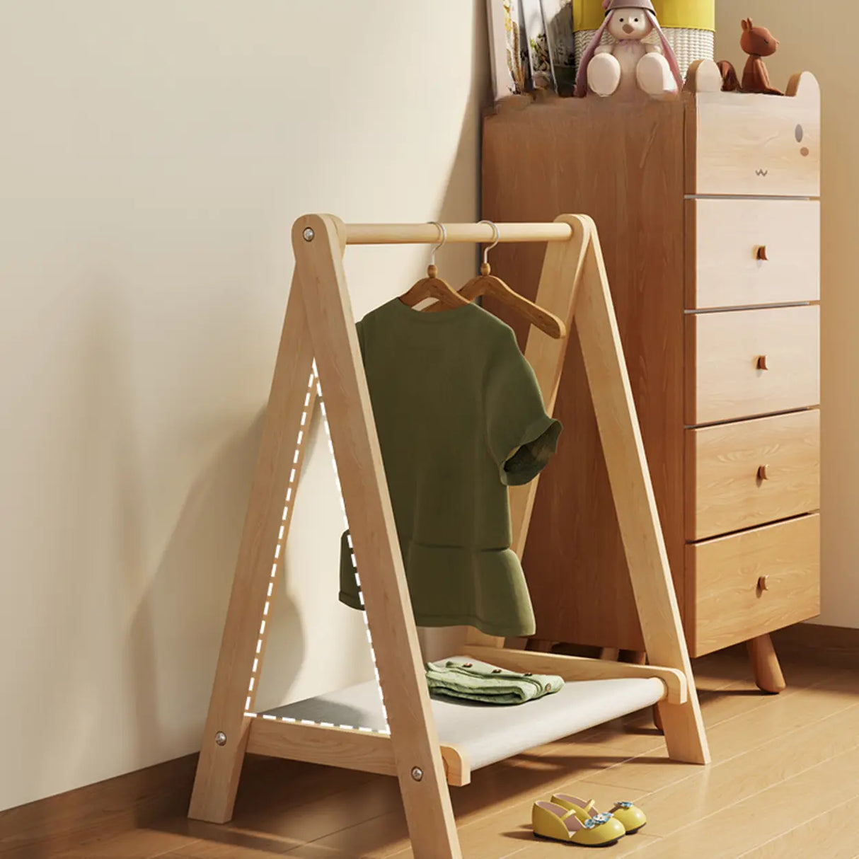 Triangle Natural Finish Pine Wood Shelves Coat Rack Image - 1