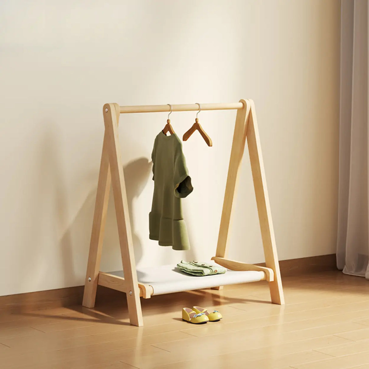 Triangle Natural Finish Pine Wood Shelves Coat Rack Image - 2