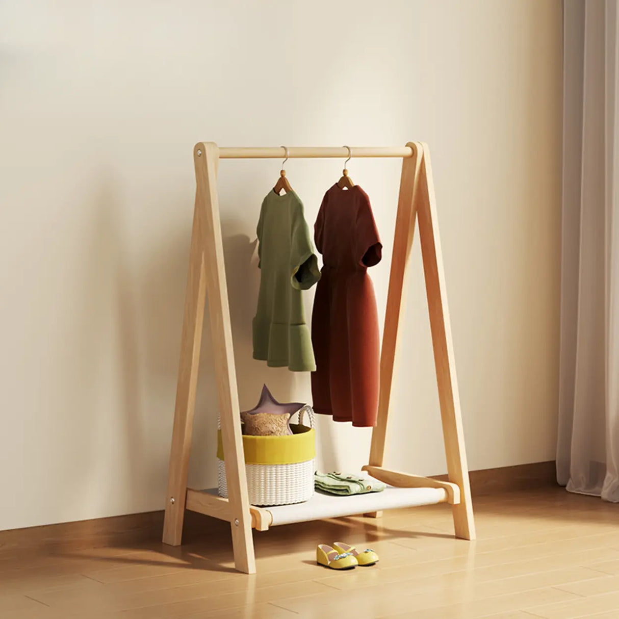 Triangle Natural Finish Pine Wood Shelves Coat Rack Image - 3