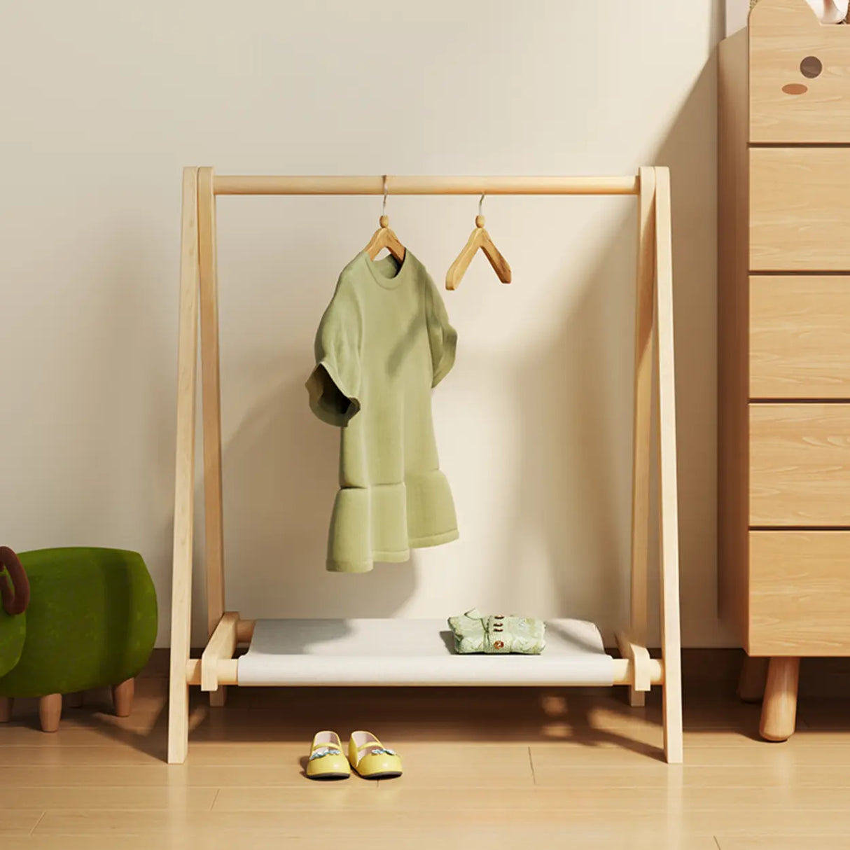 Triangle Natural Finish Pine Wood Shelves Coat Rack Image - 4