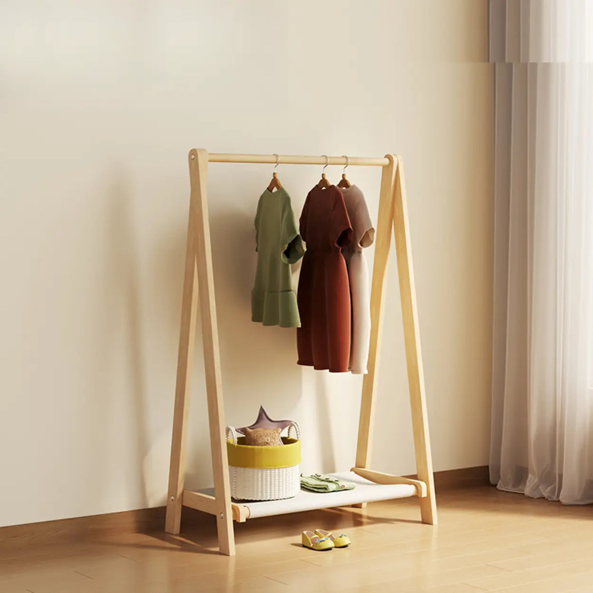 Triangle Natural Finish Pine Wood Shelves Coat Rack Image - 5