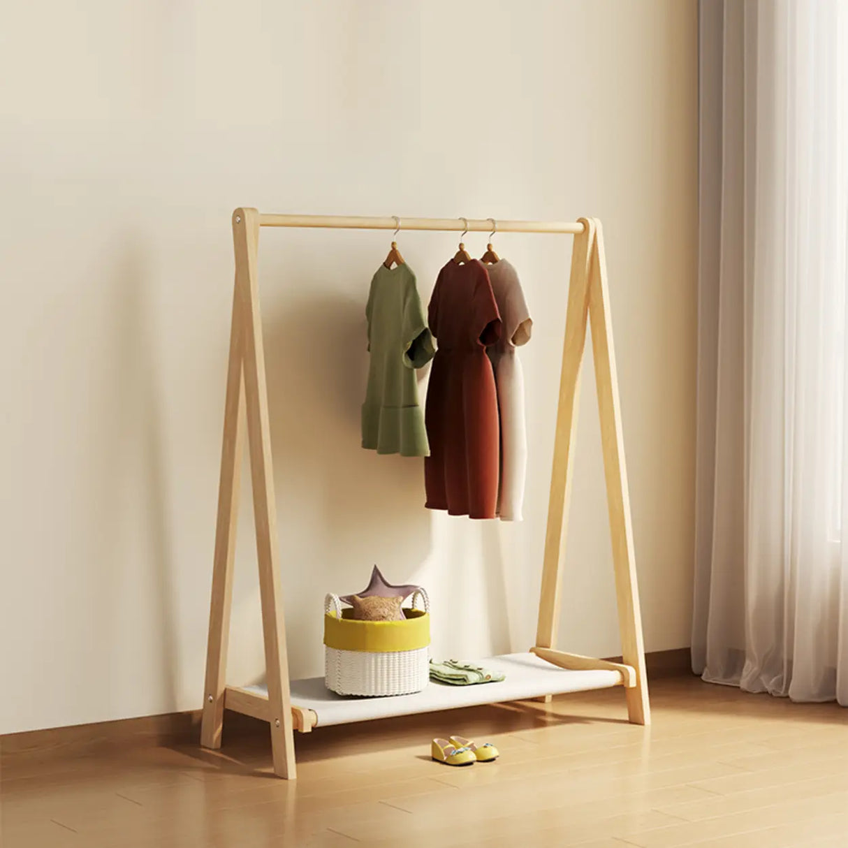 Triangle Natural Finish Pine Wood Shelves Coat Rack Image - 7