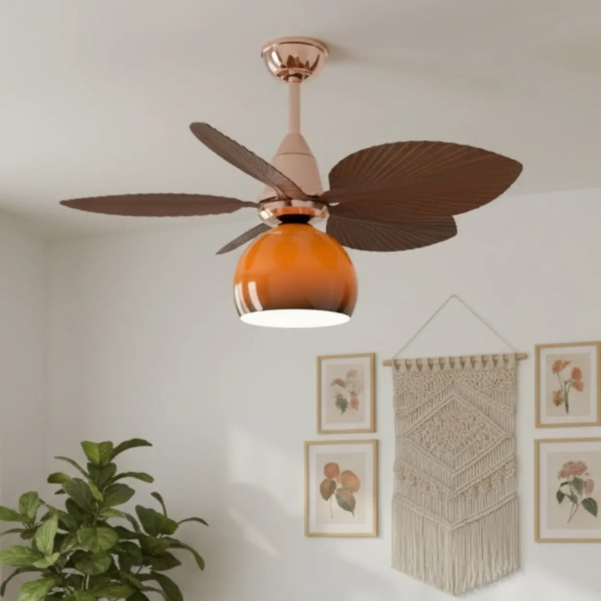 Tropical Leaf Orange Globe Remote Control Ceiling Fan Light Image - 1