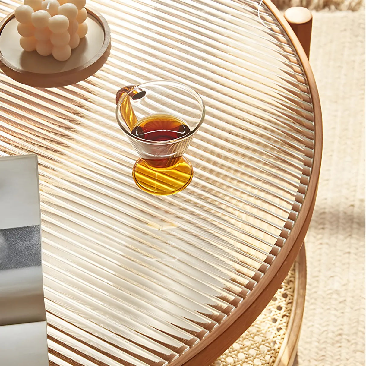 Tropical Wood Glass Round Shelf Four Legs Coffee Table Image - 14