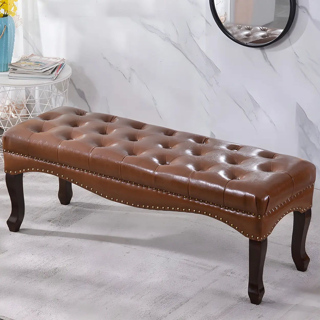 Tufted Faux Leather Bench with Studded Trim and Wood Legs Image - 1