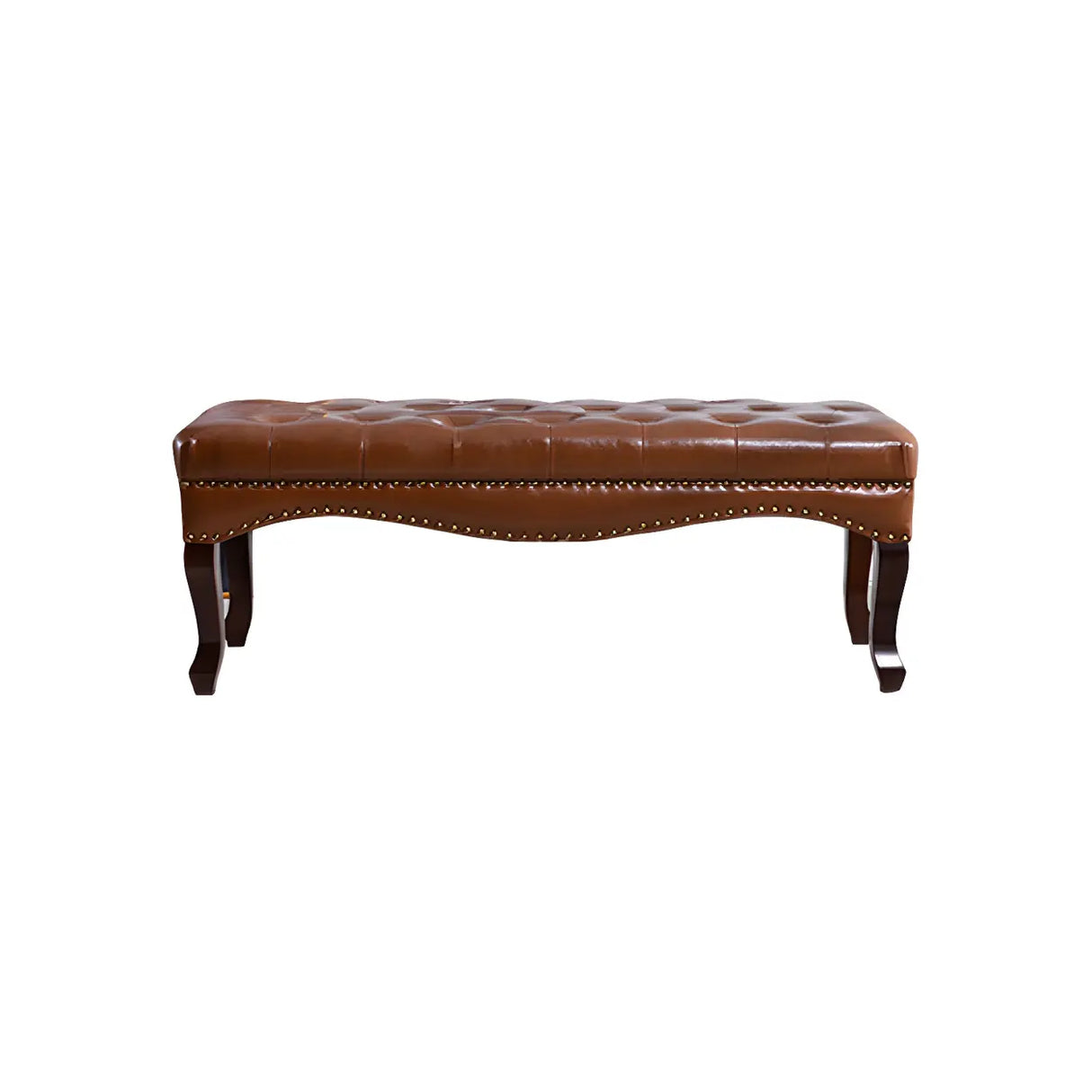 Tufted Faux Leather Bench with Studded Trim and Wood Legs Image - 10