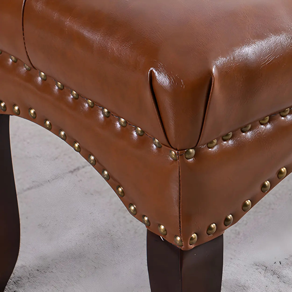 Tufted Faux Leather Bench with Studded Trim and Wood Legs Image - 12