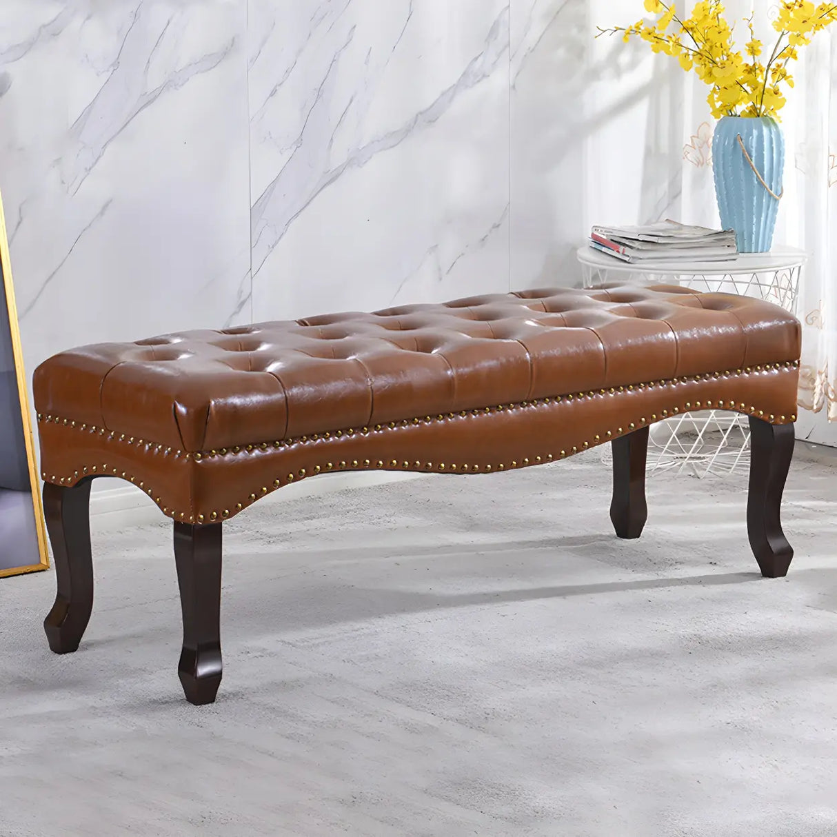 Tufted Faux Leather Bench with Studded Trim and Wood Legs Image - 2