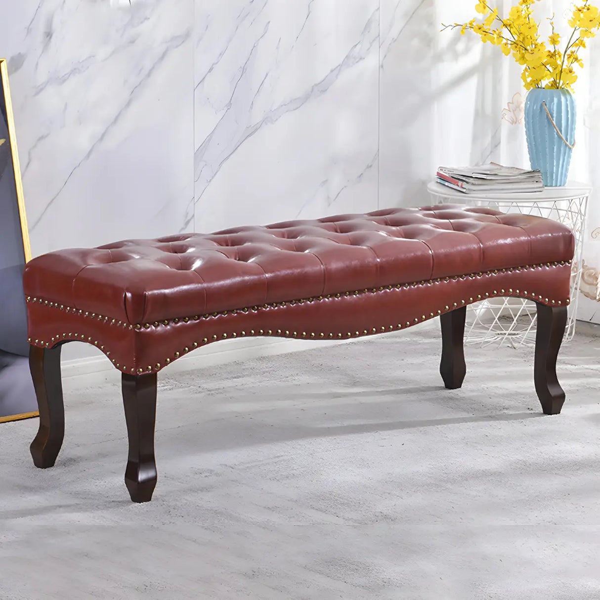 Tufted Faux Leather Bench with Studded Trim and Wood Legs Image - 3
