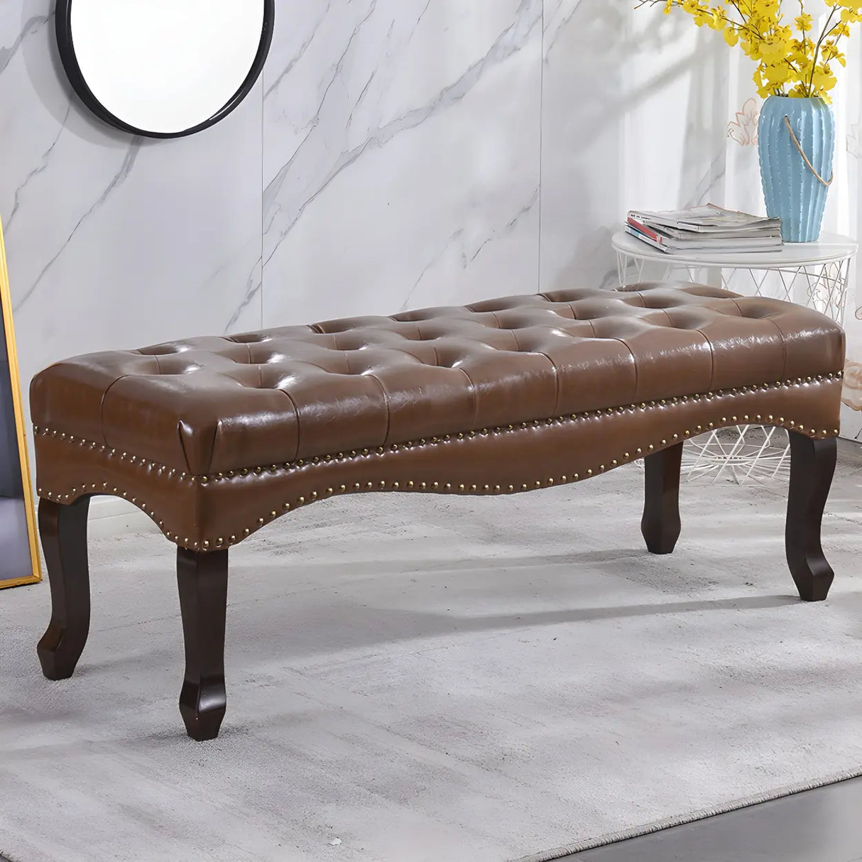 Tufted Faux Leather Bench with Studded Trim and Wood Legs Image - 4