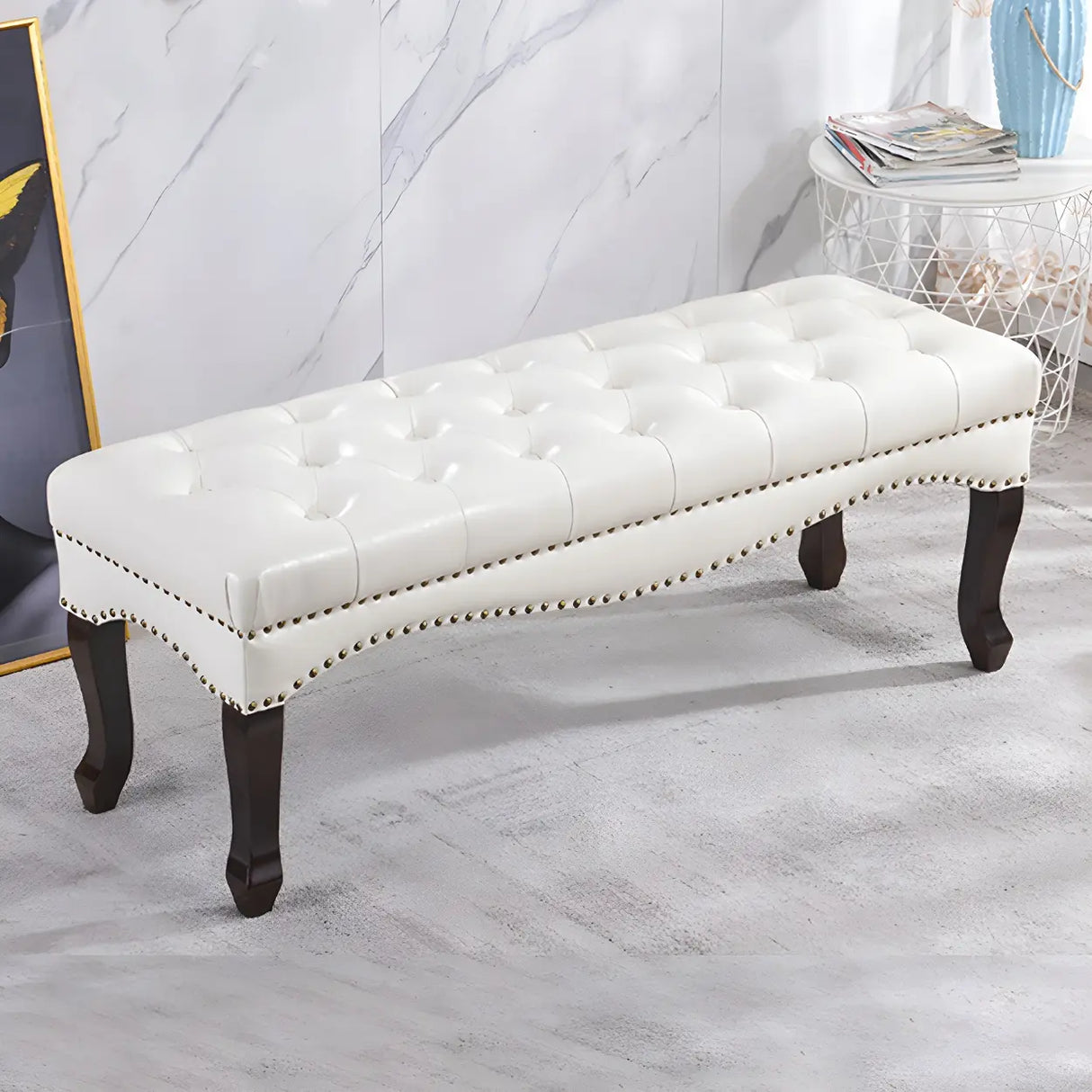Tufted Faux Leather Bench with Studded Trim and Wood Legs Image - 5