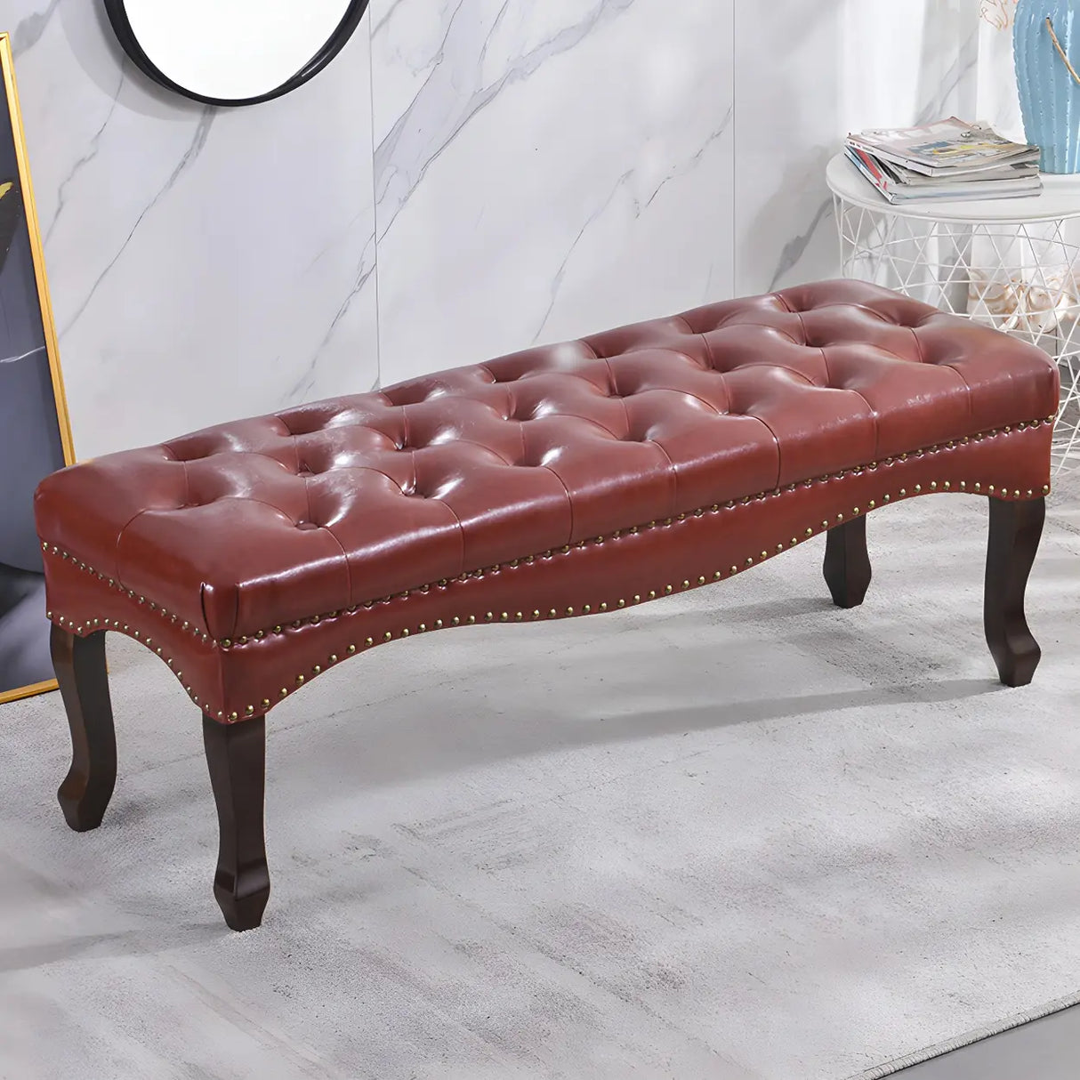Tufted Faux Leather Bench with Studded Trim and Wood Legs Image - 6