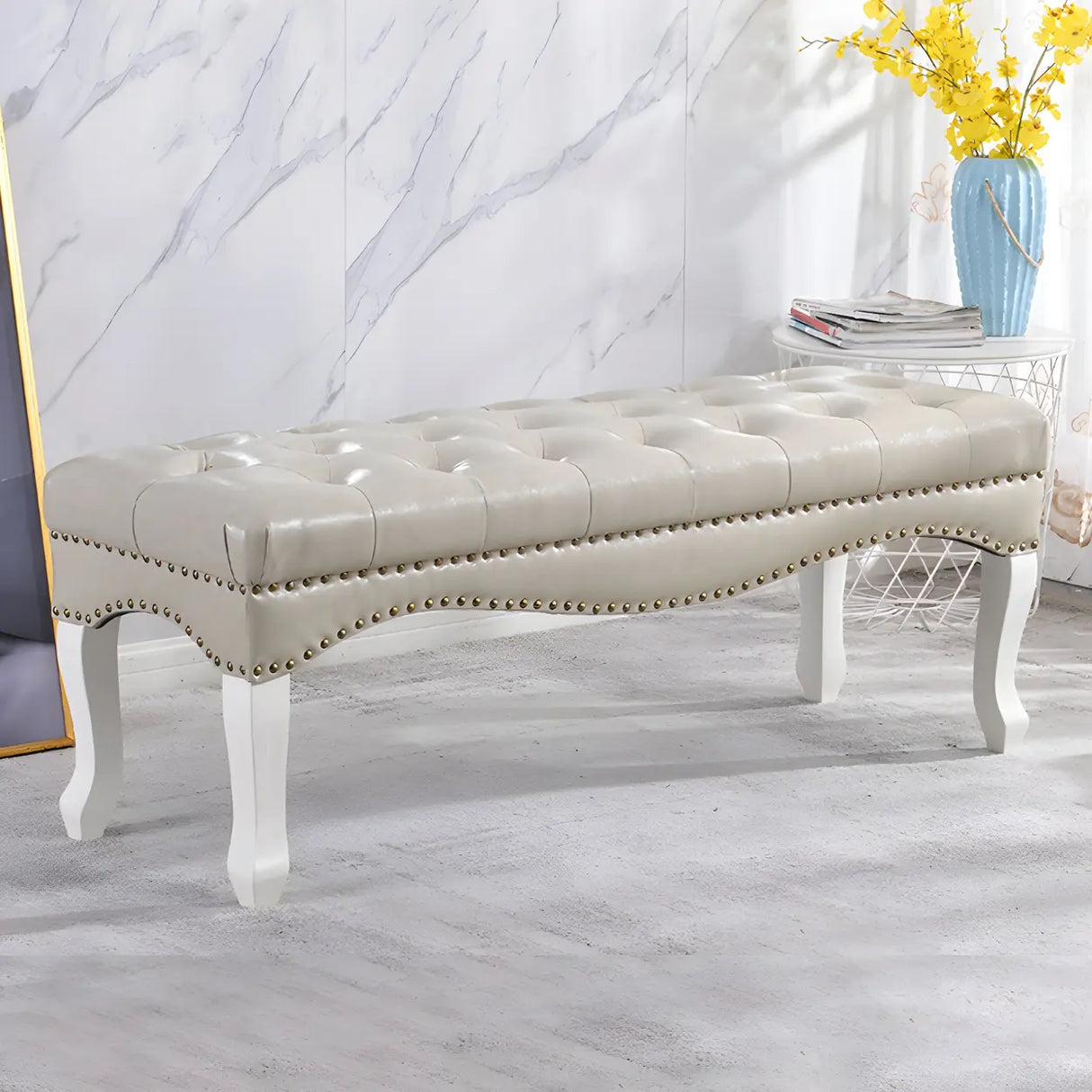 Tufted Faux Leather Bench with Studded Trim and Wood Legs Image - 7