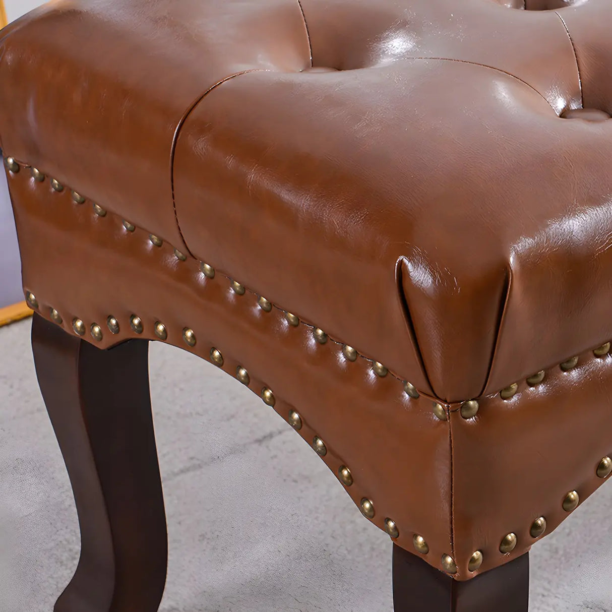 Tufted Faux Leather Bench with Studded Trim and Wood Legs Image - 8