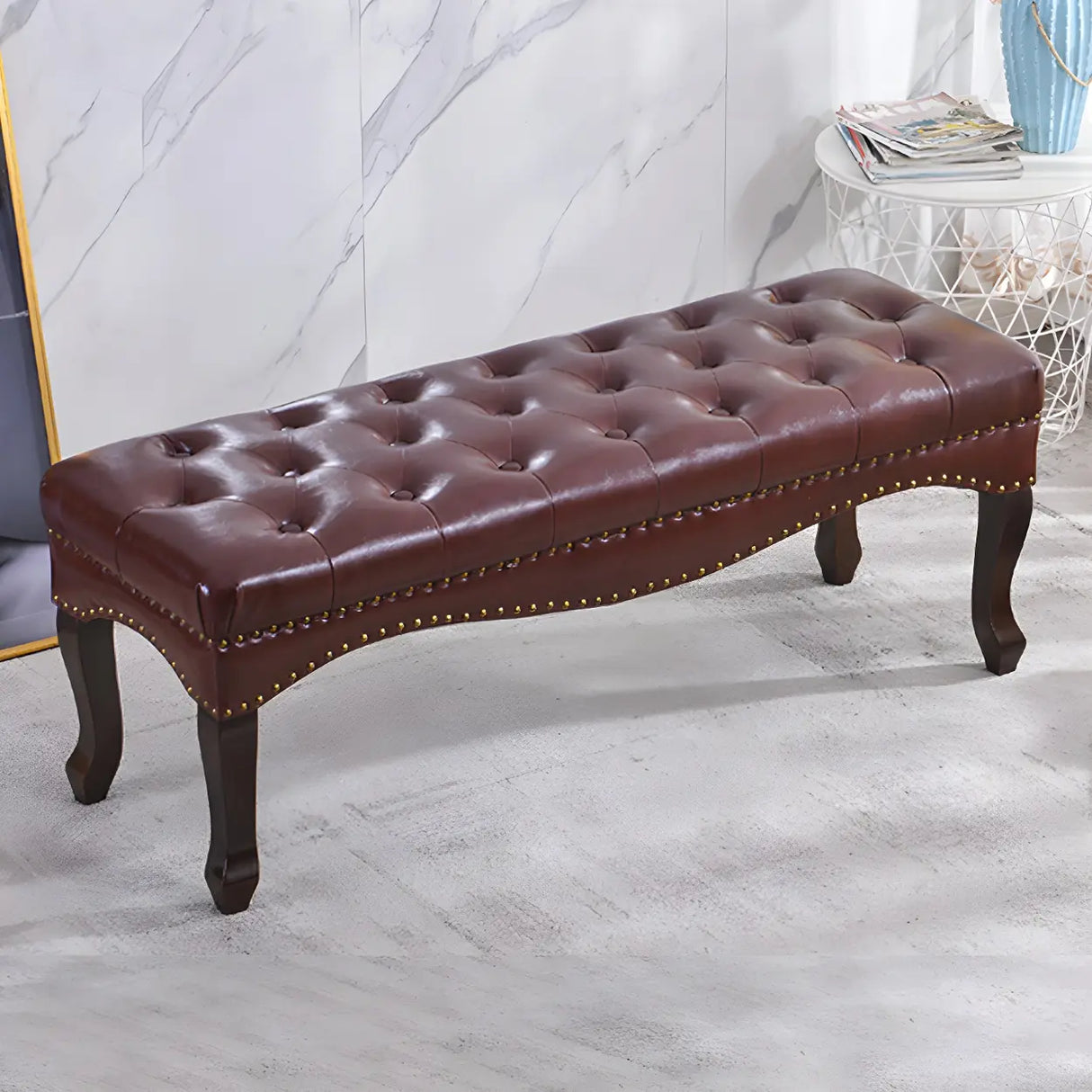 Tufted Faux Leather Bench with Studded Trim and Wood Legs Image - 9