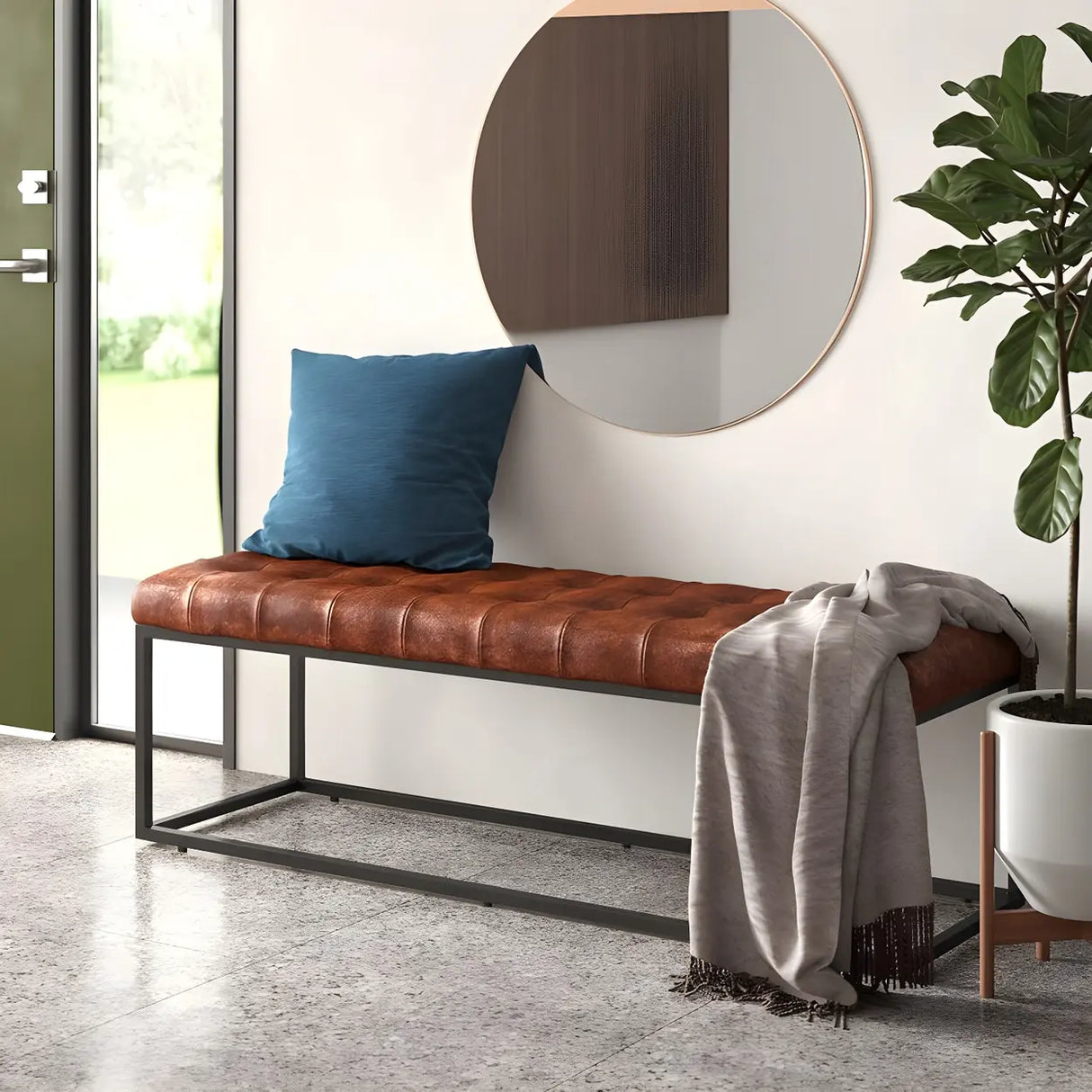Modern Faux Leather Bench with Metal Frame – Entryway Style Image - 1