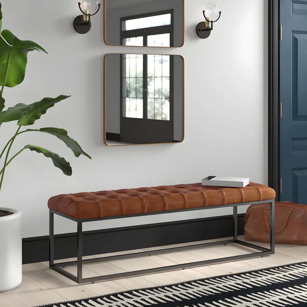 Modern Faux Leather Bench with Metal Frame – Entryway Style Image - 2
