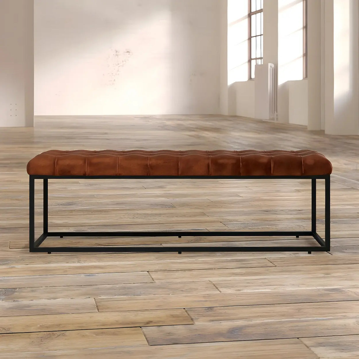 Modern Faux Leather Bench with Metal Frame – Entryway Style Image - 3