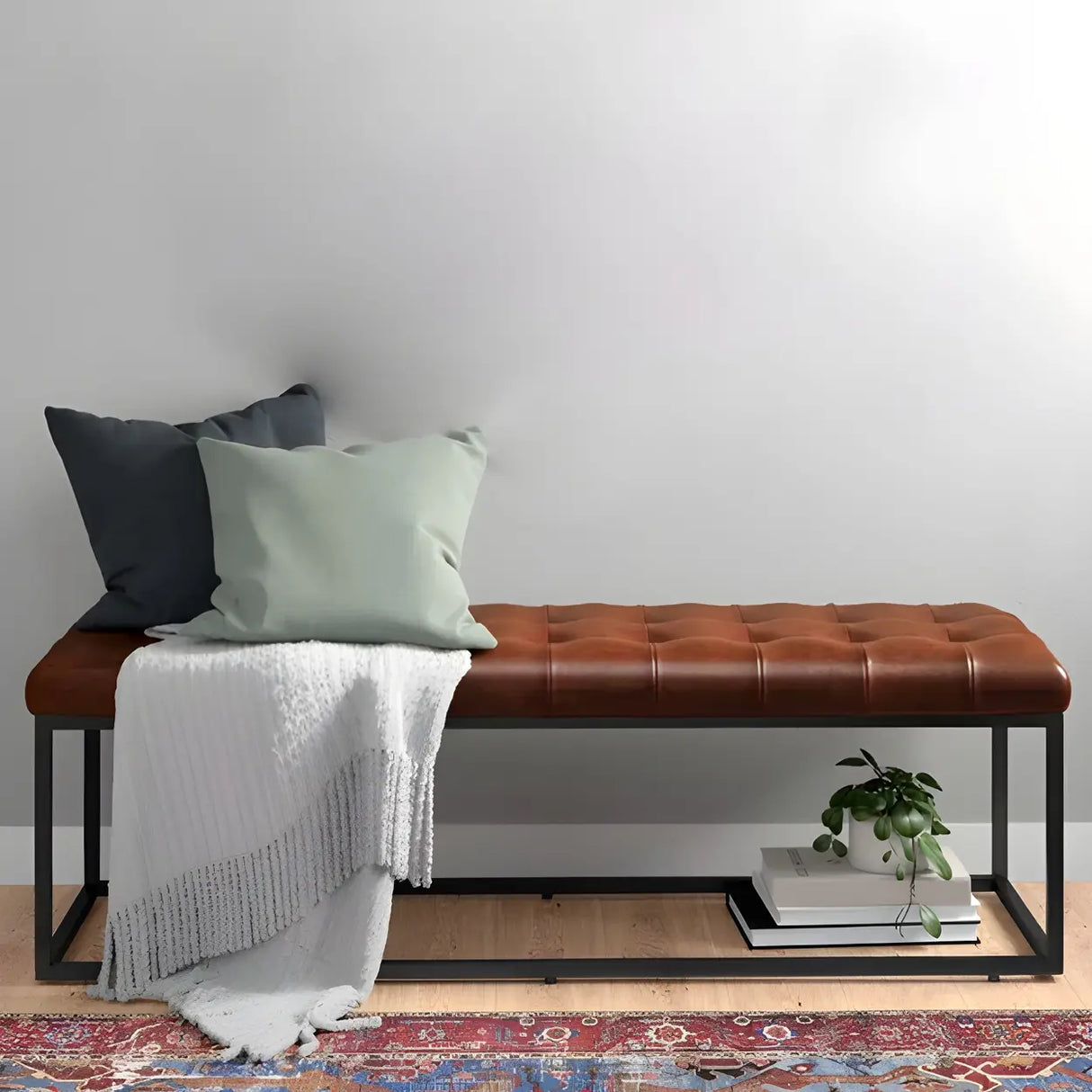 Modern Faux Leather Bench with Metal Frame – Entryway Style Image - 7