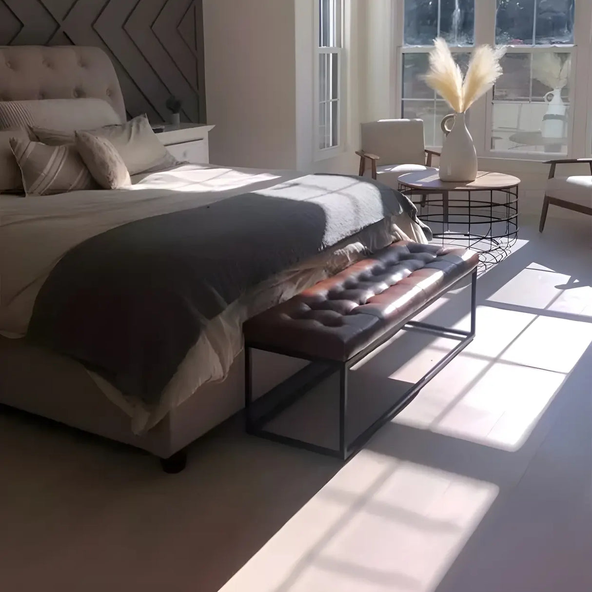 Modern Faux Leather Bench with Metal Frame – Entryway Style Image - 9