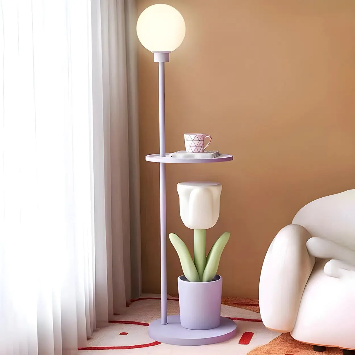 Tulip Planter Pink Globe Floor Lamp with Side Table Image - 10