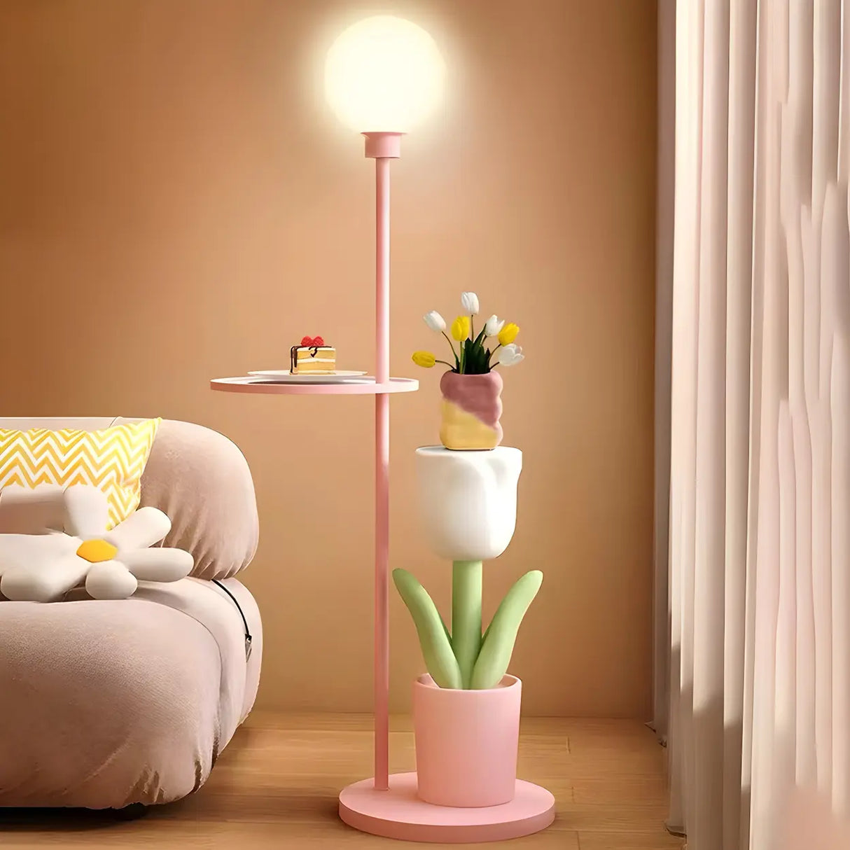 Tulip Planter Pink Globe Floor Lamp with Side Table Image - 11