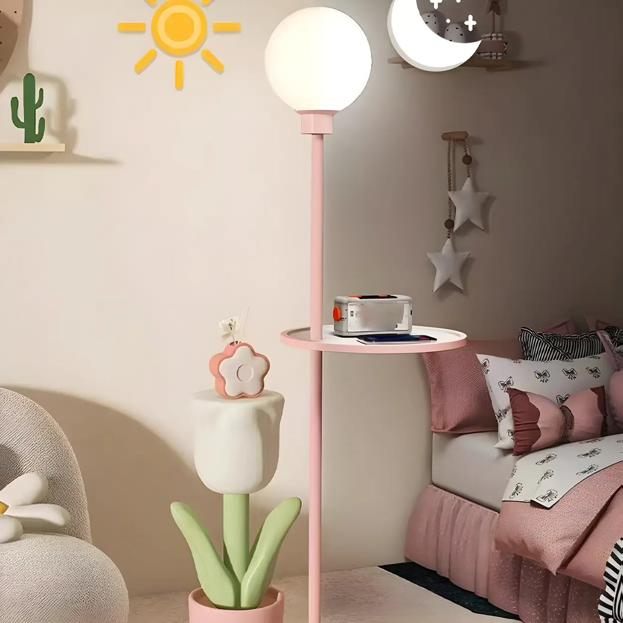 Tulip Planter Pink Globe Floor Lamp with Side Table Image - 12