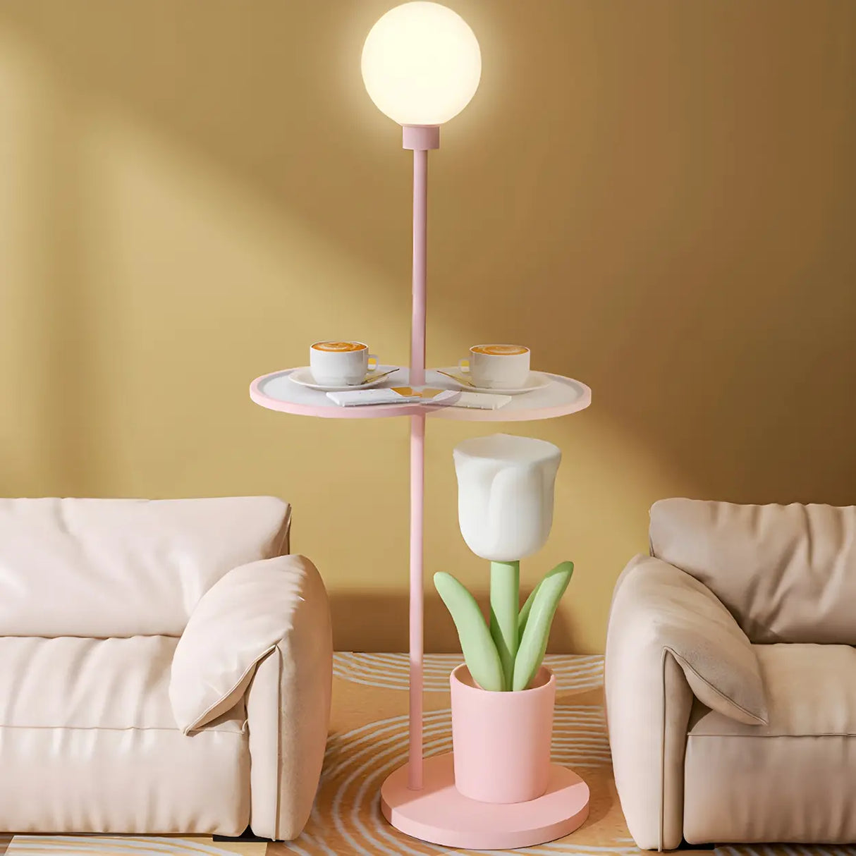 Tulip Planter Pink Globe Floor Lamp with Side Table Image - 4
