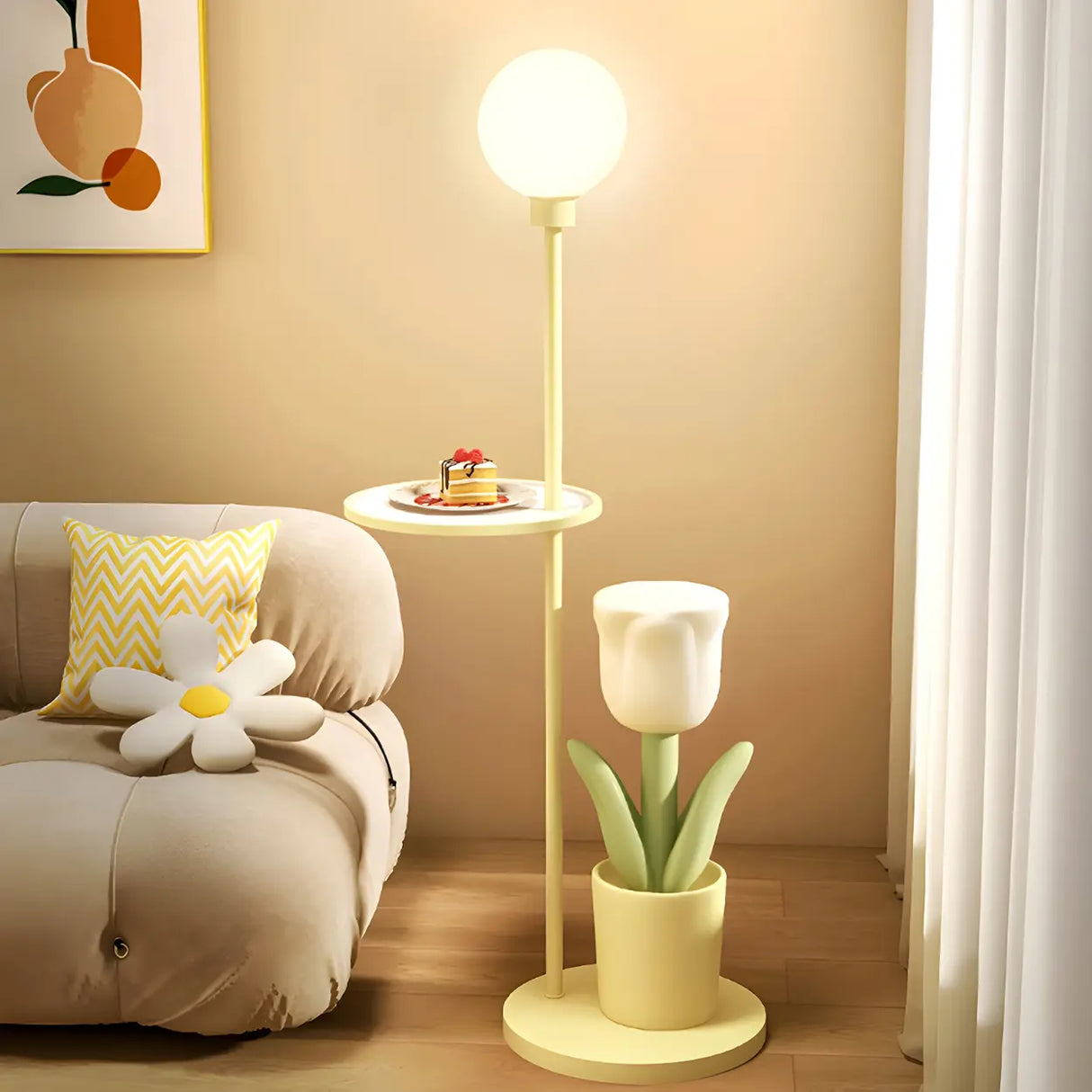 Tulip Planter Pink Globe Floor Lamp with Side Table Image - 8