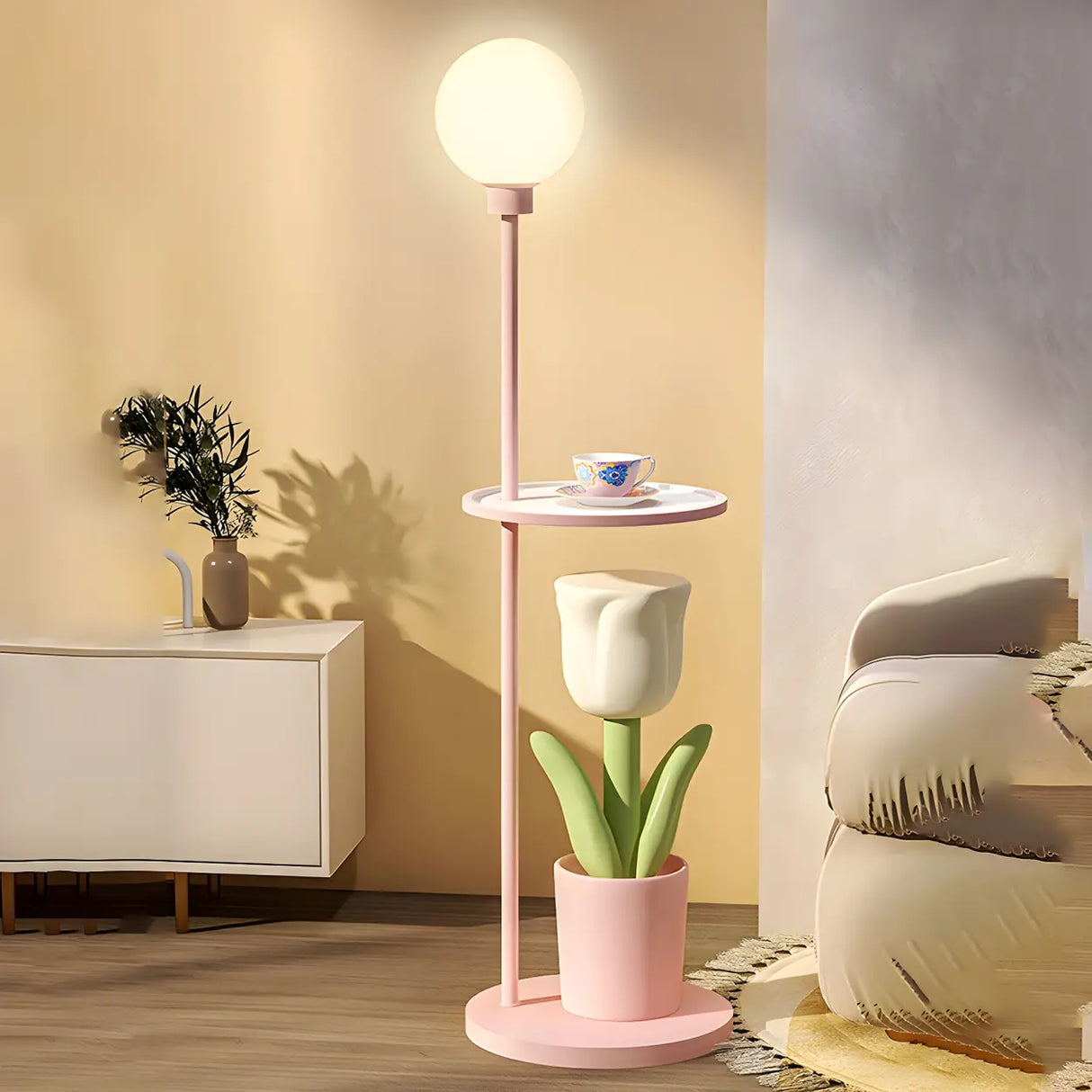 Tulip Planter Pink Globe Floor Lamp with Side Table Image - 9