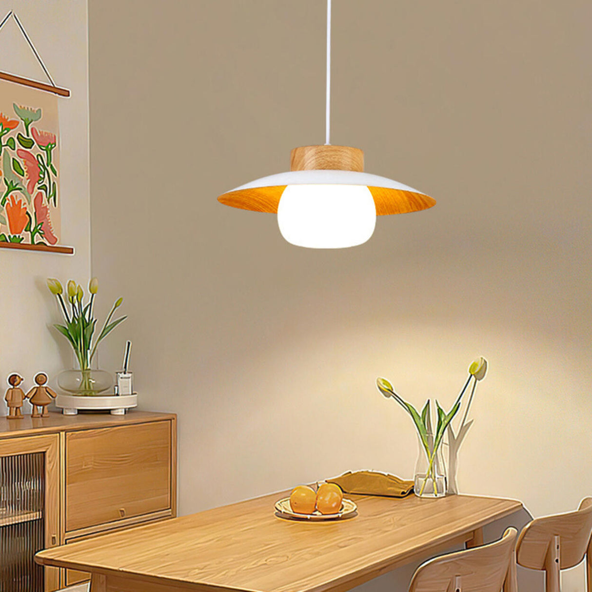 Ultra Modern UFO Wood Resin Pendant Light Adjustable Cord Image - 5