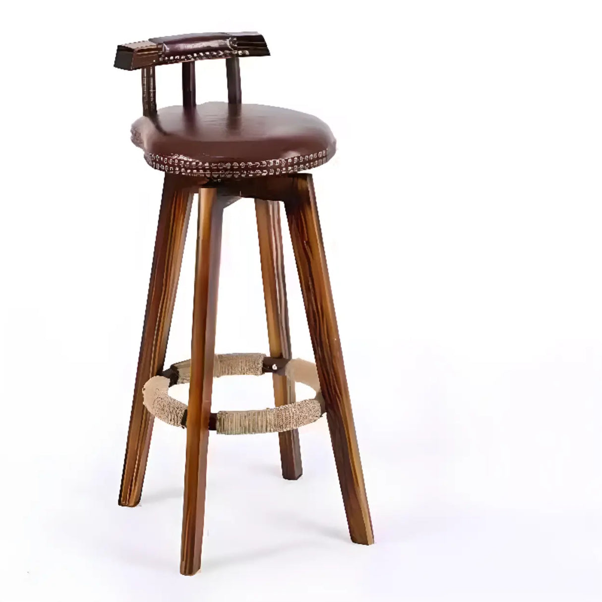Unfinished Wood Round Low Back Leather Bar Stools Image - 11