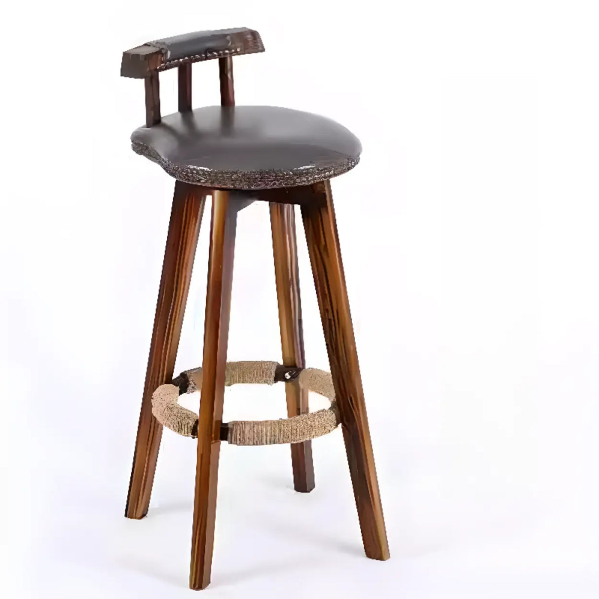 Unfinished Wood Round Low Back Leather Bar Stools Image - 19