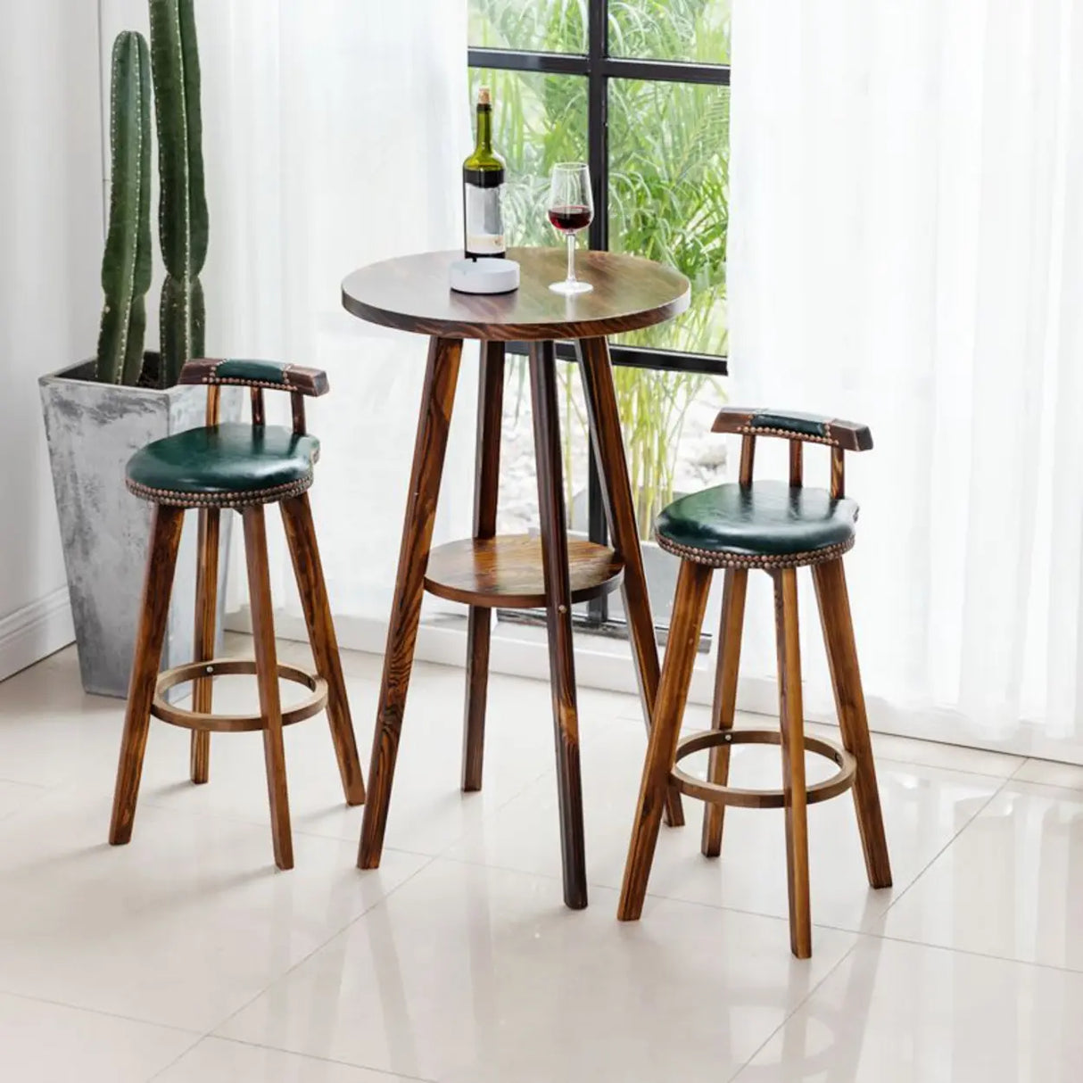 Unfinished Wood Round Low Back Leather Bar Stools Image - 4