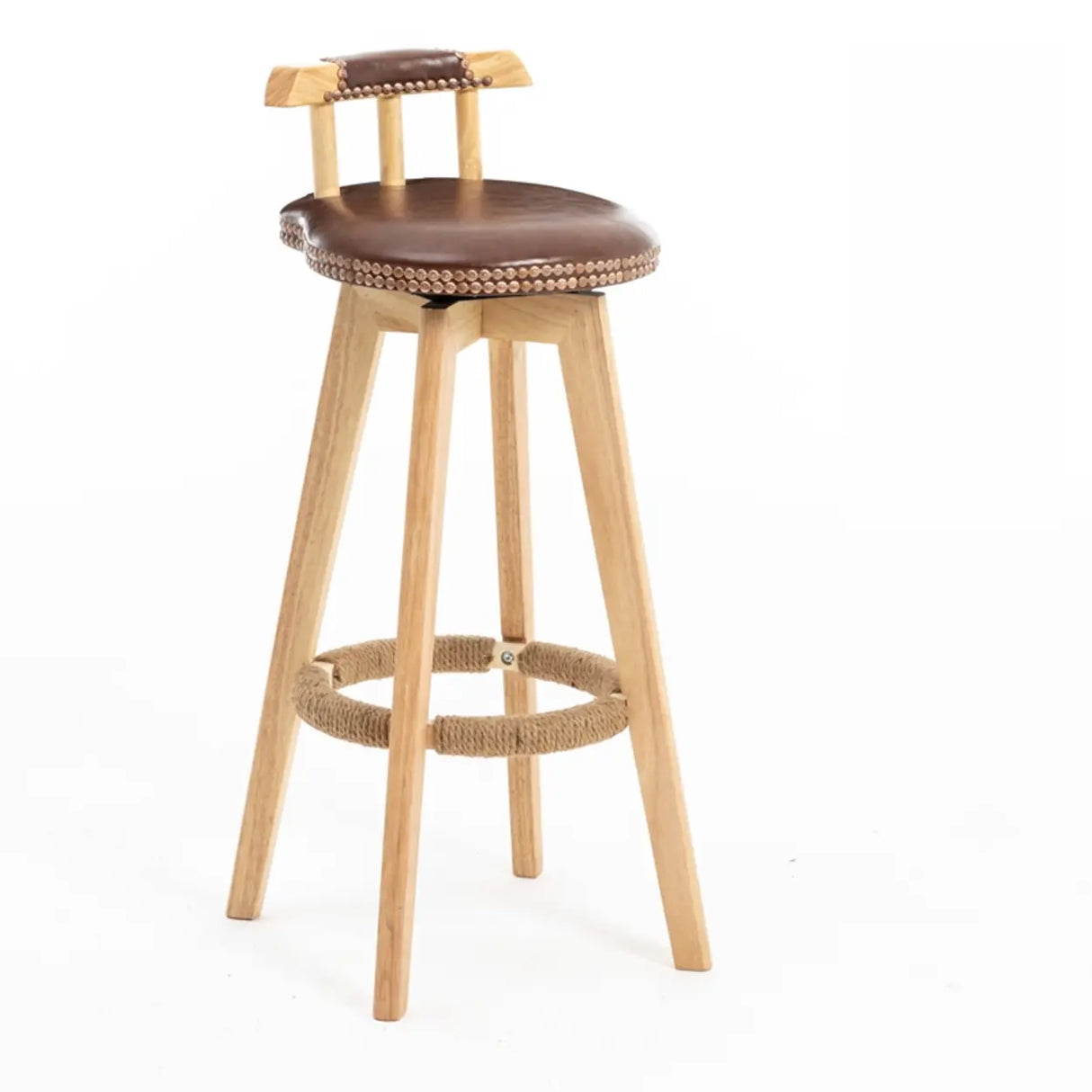 Unfinished Wood Round Low Back Leather Bar Stools Image - 5