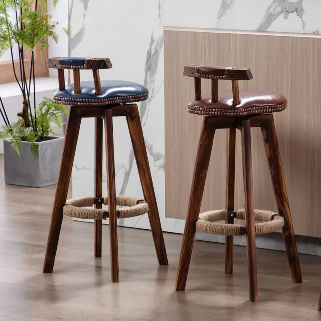 Unfinished Wood Round Low Back Leather Bar Stools Image - 6