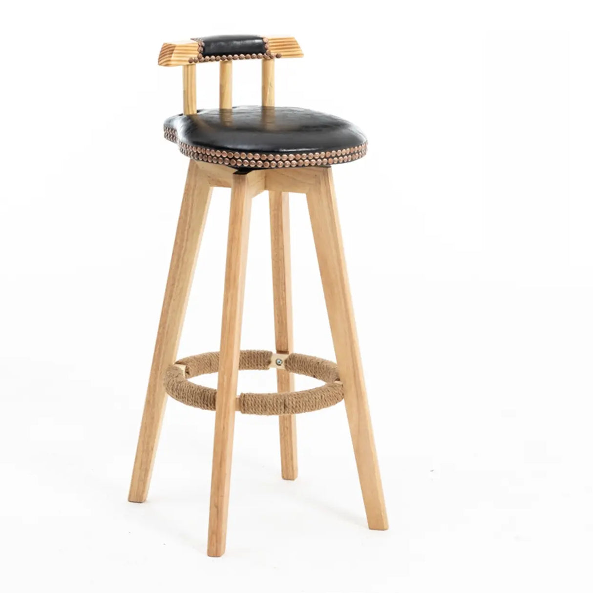 Unfinished Wood Round Low Back Leather Bar Stools Image - 9