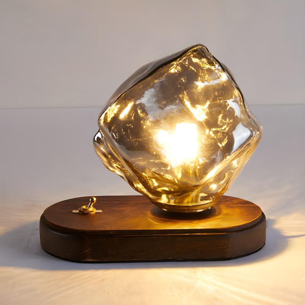 Unique Art Rock Shape Glass Shade Wood Base Table Lamp Image - 10