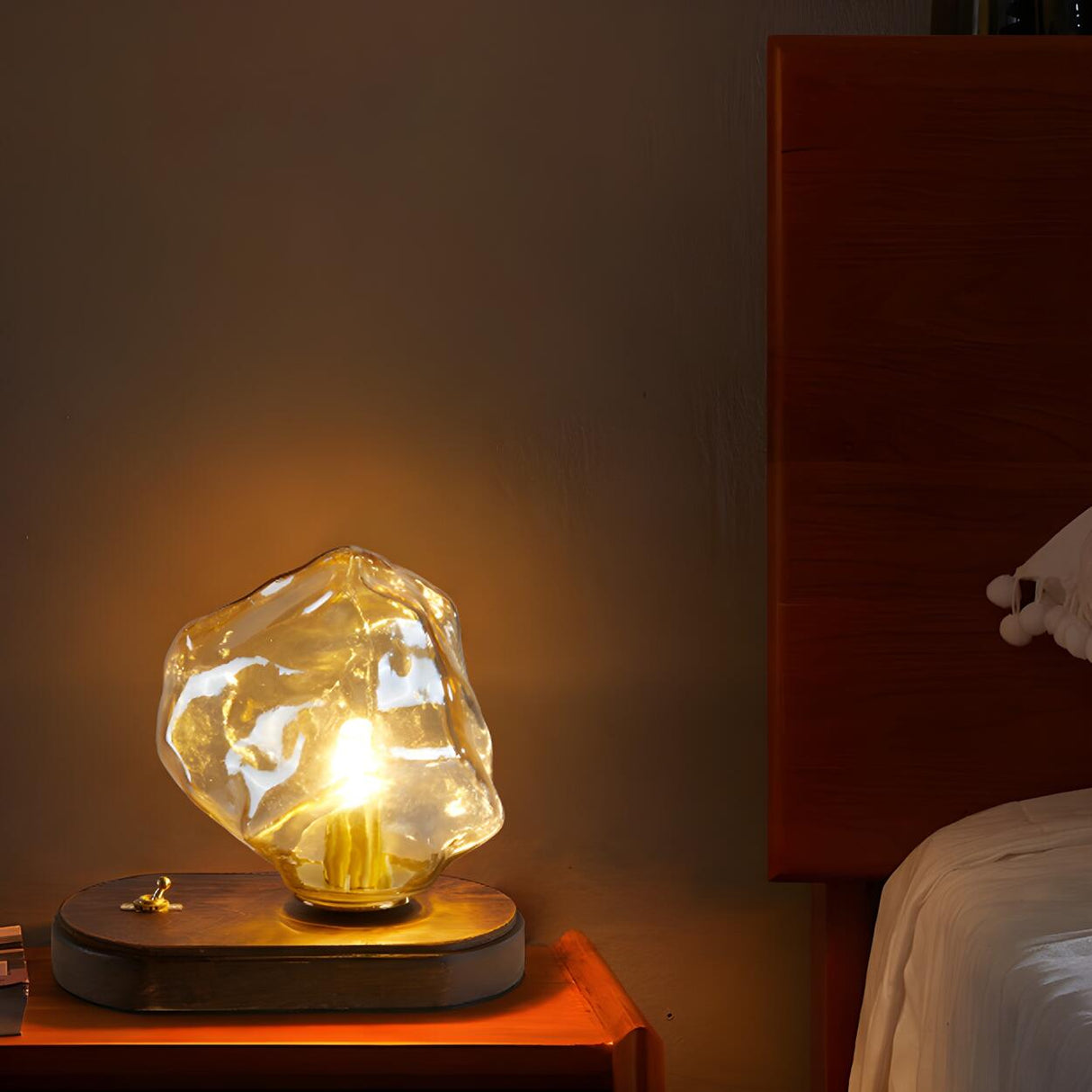 Unique Art Rock Shape Glass Shade Wood Base Table Lamp Image - 13