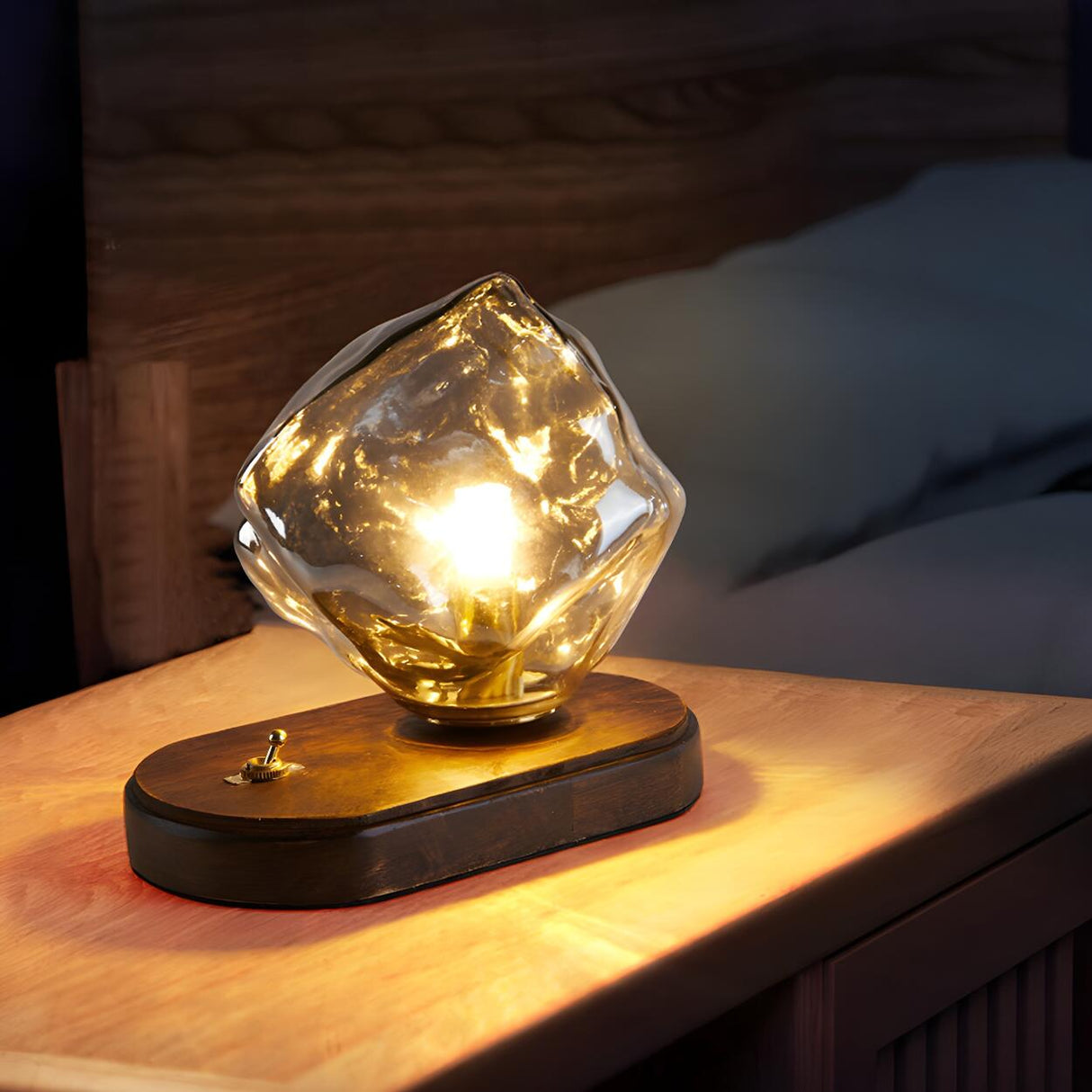 Unique Art Rock Shape Glass Shade Wood Base Table Lamp Image - 14