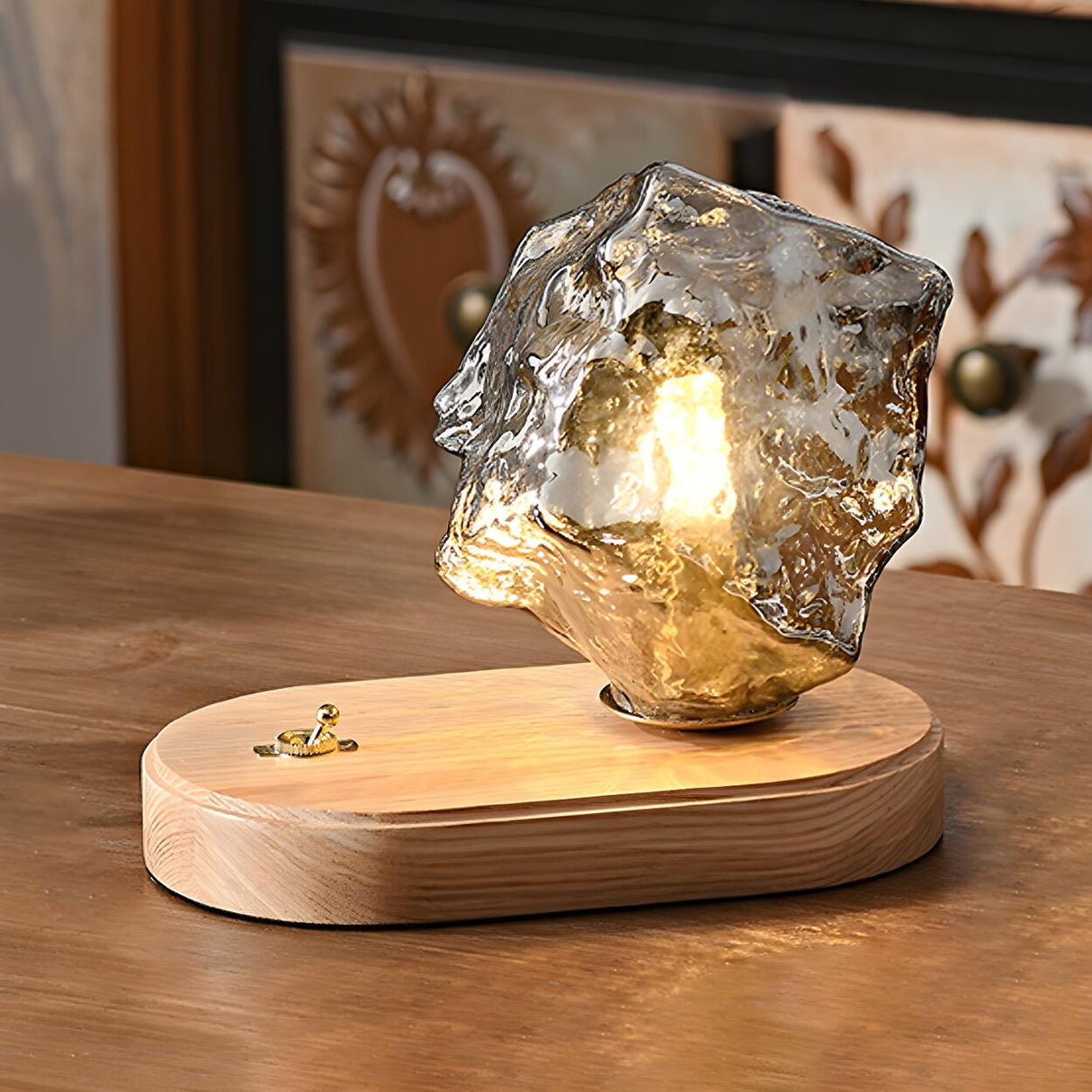 Unique Art Rock Shape Glass Shade Wood Base Table Lamp Image - 3
