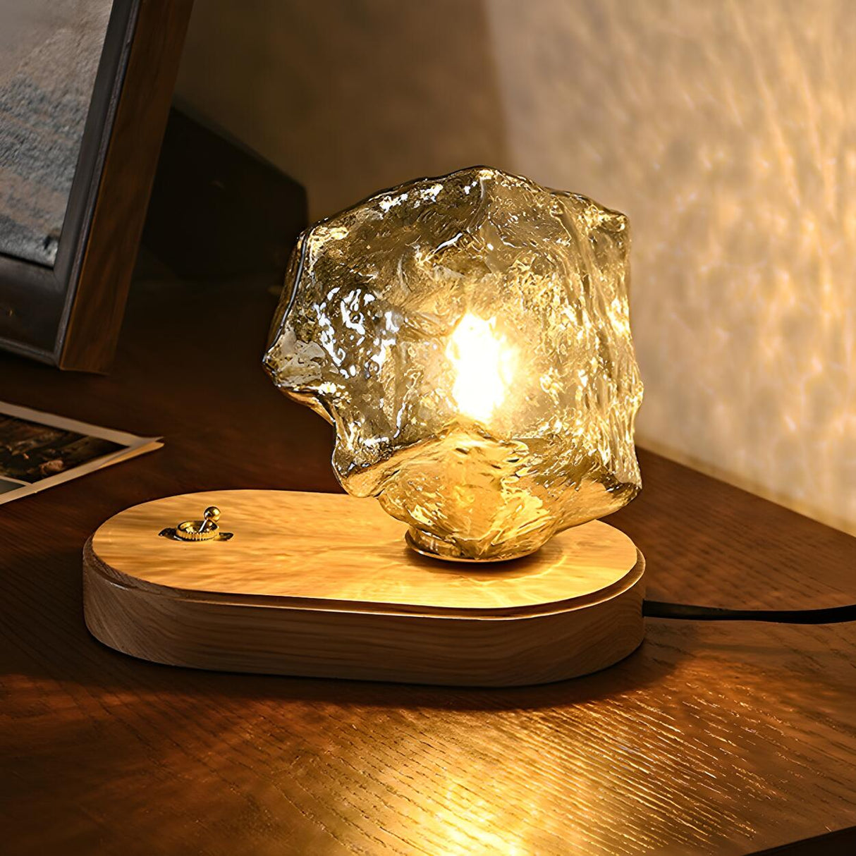 Unique Art Rock Shape Glass Shade Wood Base Table Lamp Image - 4