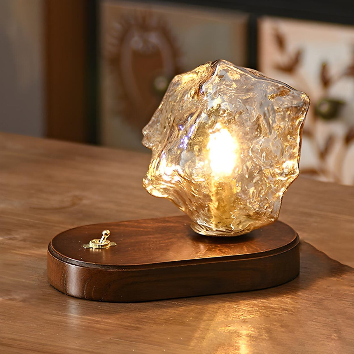 Unique Art Rock Shape Glass Shade Wood Base Table Lamp Image - 5