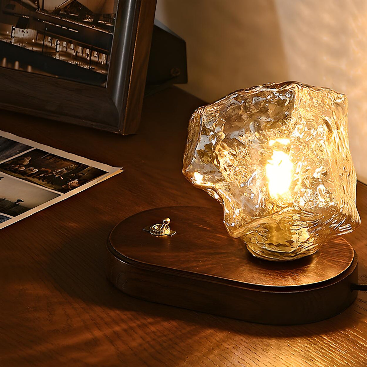 Unique Art Rock Shape Glass Shade Wood Base Table Lamp Image - 6