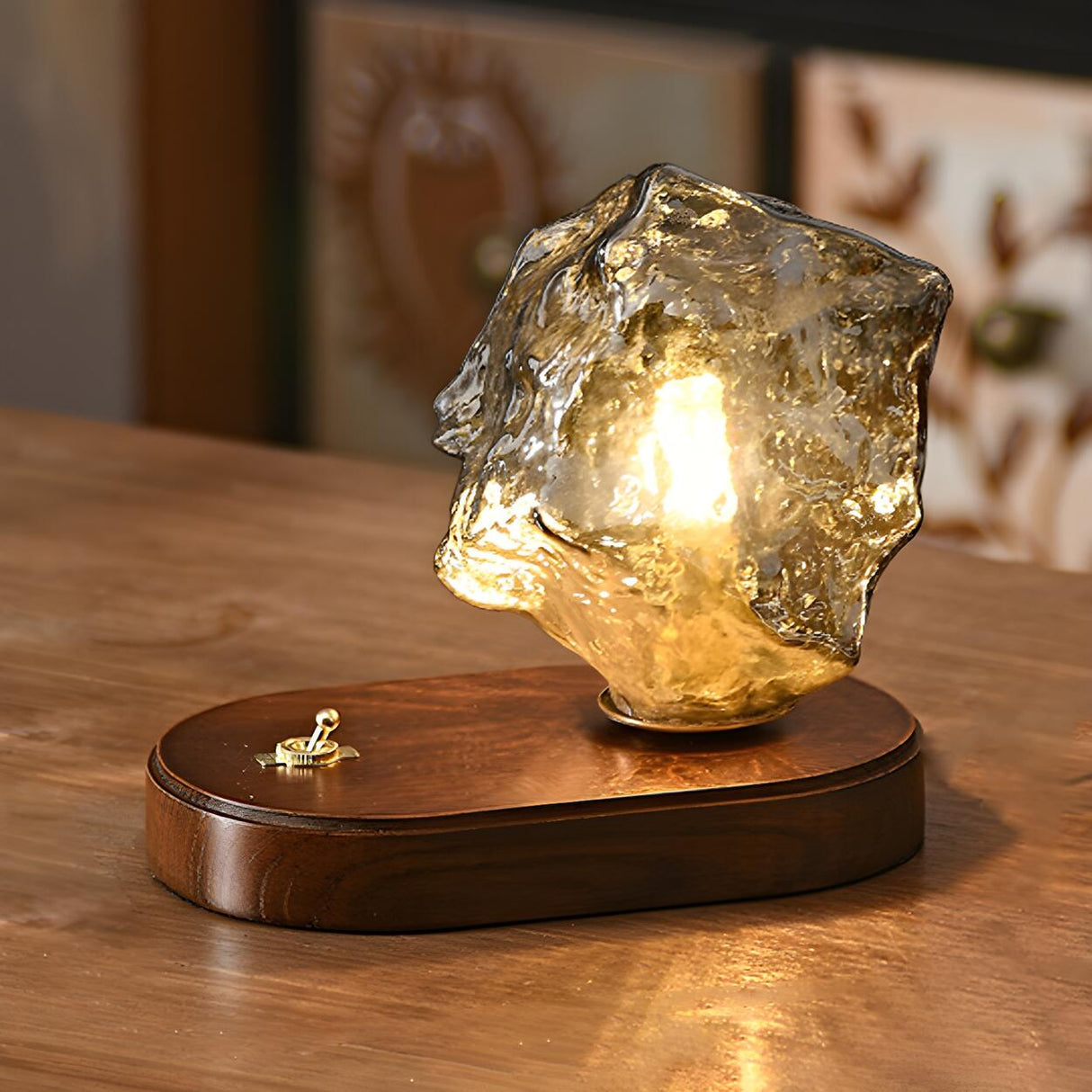 Unique Art Rock Shape Glass Shade Wood Base Table Lamp Image - 7