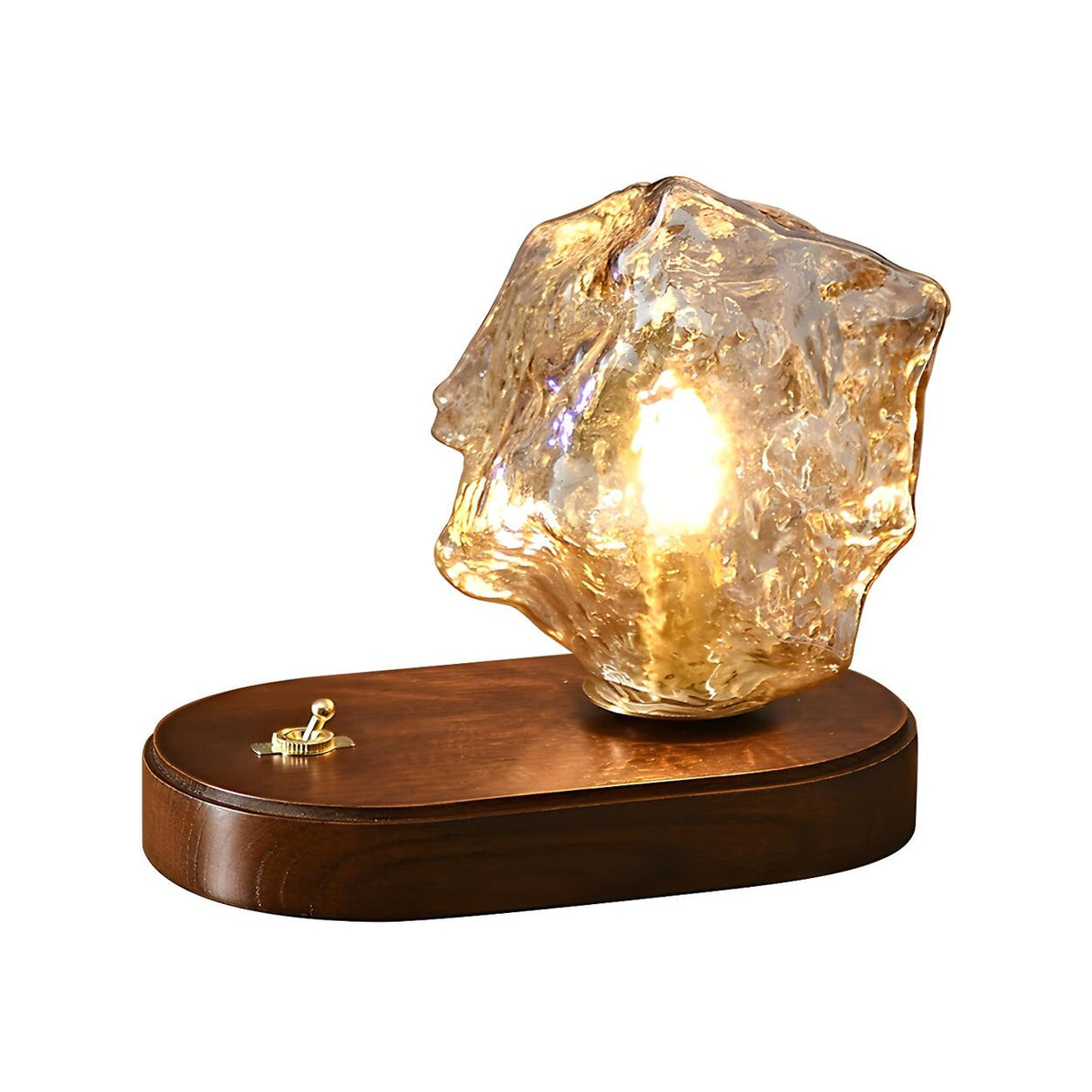 Unique Art Rock Shape Glass Shade Wood Base Table Lamp Image - 9