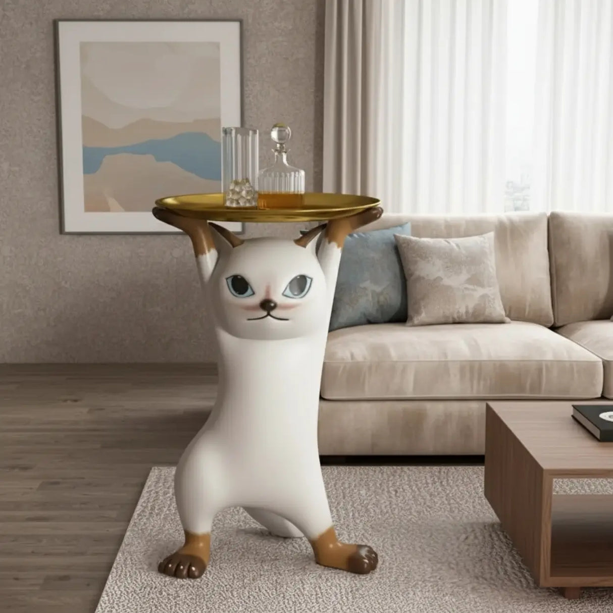 Unique Cat Figurine Resin White Decorative Side Table Image - 1